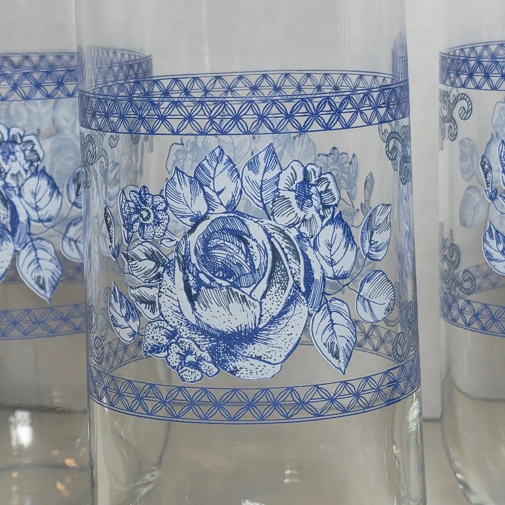 Vintage Honorine Arcopal Blue Rose Floral Glasses Set of 4 Cottagecore Tumblers
